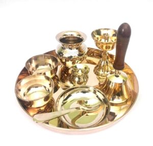 Tangerine Bronze Pooja Set – 9-Piece Traditional Indian Puja Kit for Home Worship & Festivals, Puja Kit, Puja Thali Set
