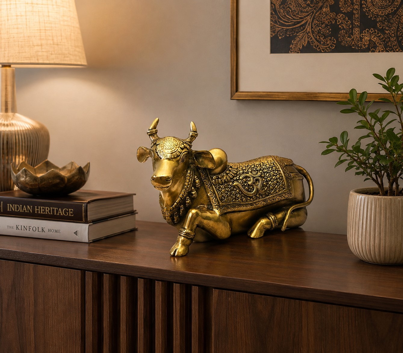 Antique Brass Nandi Bull Statue | Decorative Sacred Shiva Vahana Idol | Traditional Home & Temple Décor