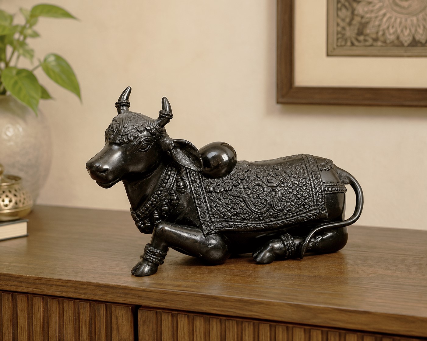Brass Black Dull Finish Nandi Sculpture – Antique Bull Idol for Temple Pooja, Home Decor, Office Decor & Spiritual Gift