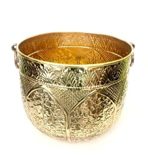 Brass Planter, Embossed Flower Pot, Living Room Décor, Plant Container, Big Planter, Large Planter- 16-Inch
