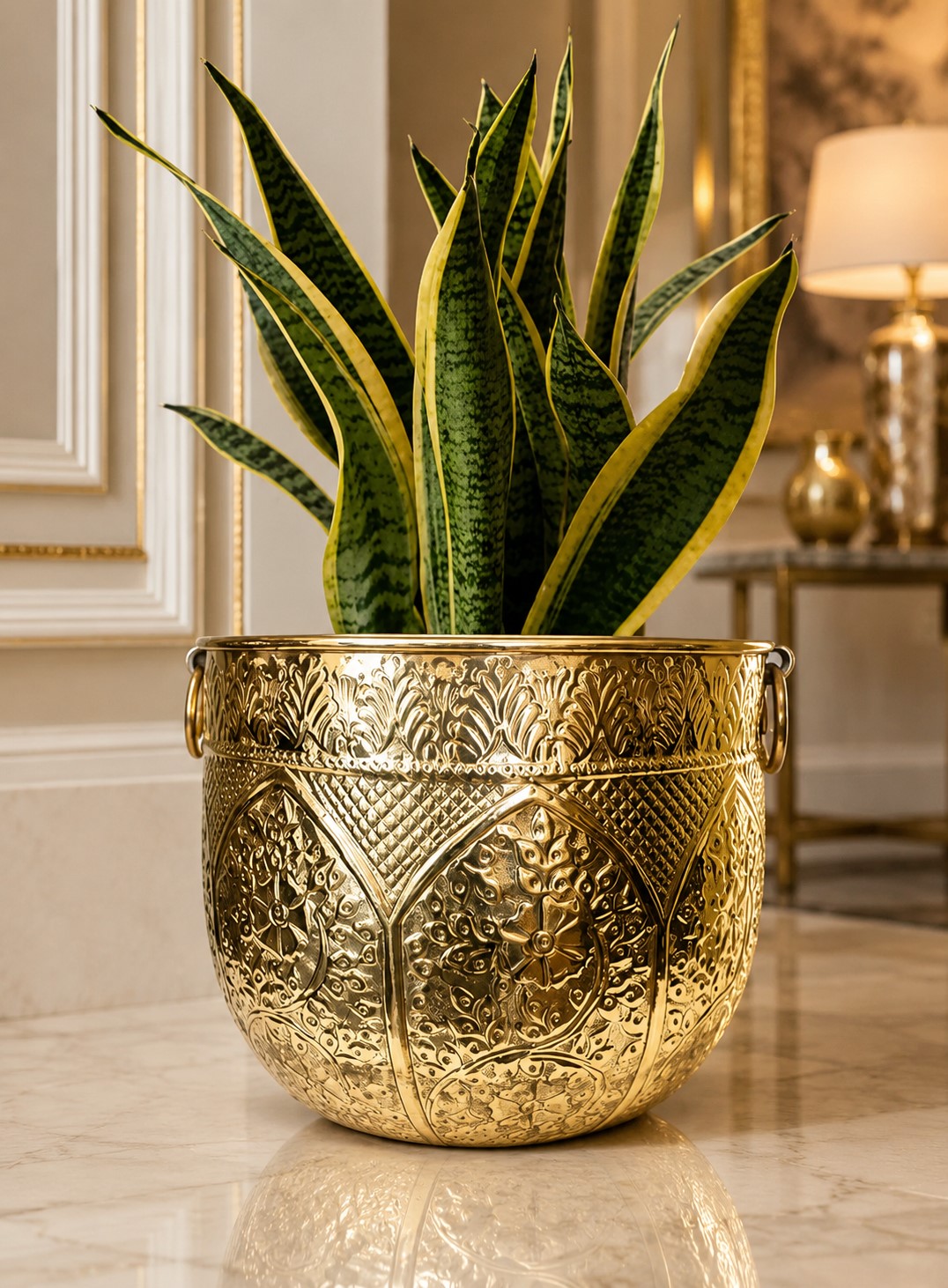 Brass Planter, Embossed Flower Pot, Living Room Décor, Plant Container, Big Planter, Large Planter- 16-Inch
