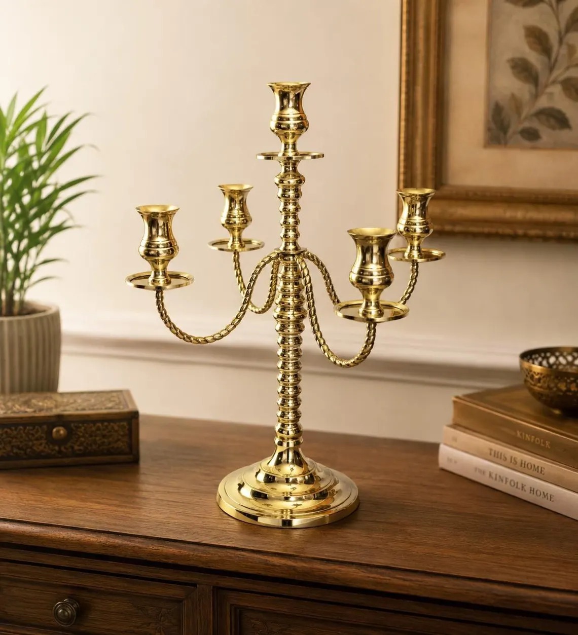 Brass Golden Candelabra Candle Stand | 5-Stick Candle Holder | 20-Inch Tall Vintage Decorative Centerpiece for Home, Wedding & Table Decor