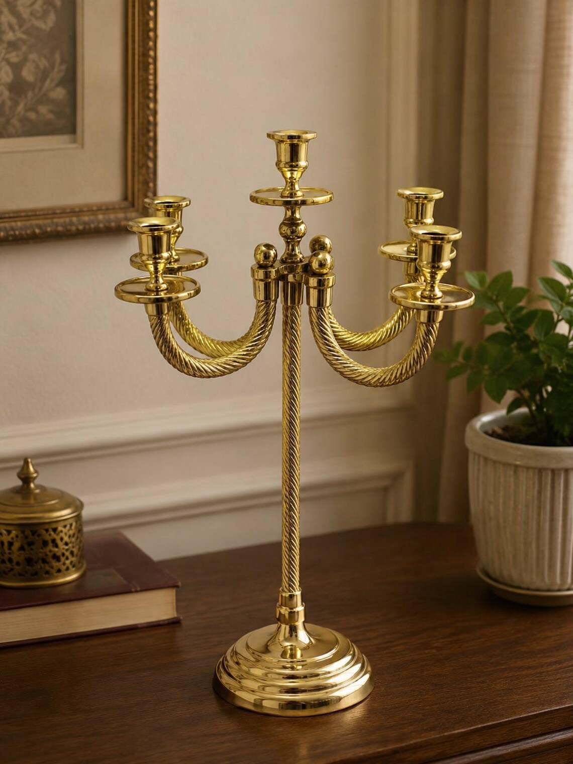 Golden Antique Finish Candelabra Candle Stand | 23-Inch Tall | Available in 5 Candle Holder |for Home, Wedding & Events