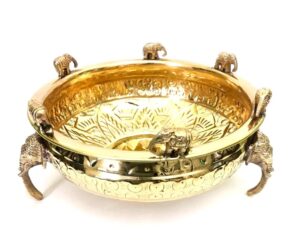 Brass Urli | Uruli | Decoration Bowl with Floral Carving and Elephant Motif