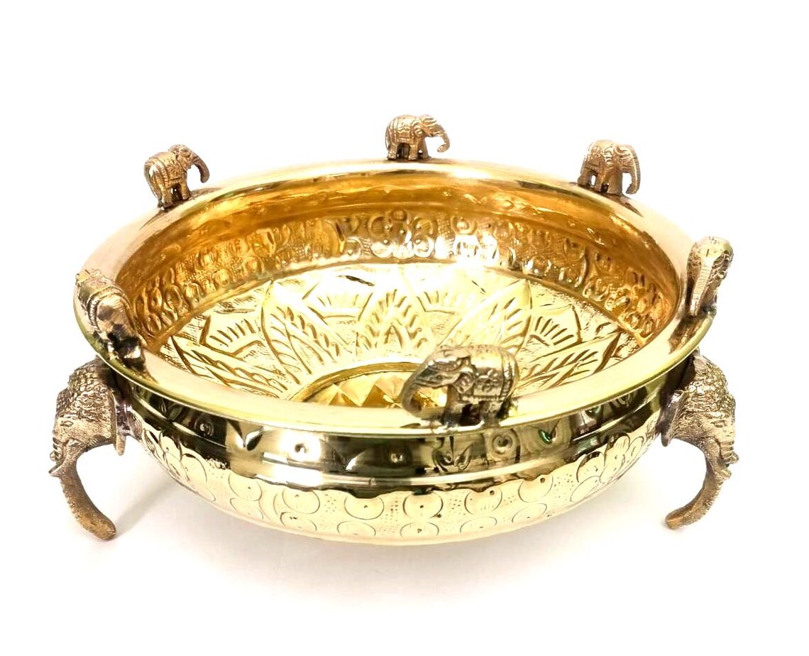 Brass Urli | Uruli | Decoration Bowl with Floral Carving and Elephant Motif