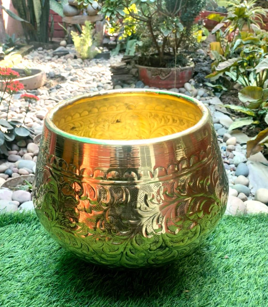 Brass Planter | handcrafted Planter container | Embossed Metal Flower Pot for Living Room Décor (Copy)