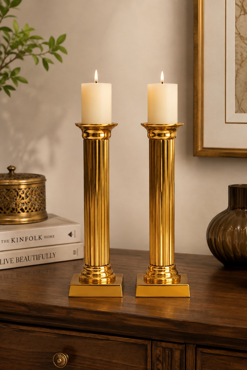 Brass Golden Ornate Roman Pillar Candle Holder Set | Decorative Metal Candle Stand | Vintage Luxury Home & Table Décor