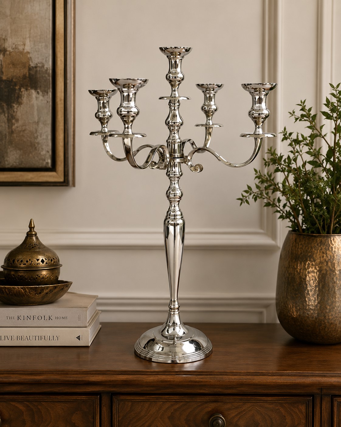 Silver Finish 4-Arm Candelabra Candle Stand | 24-Inch Tall Metal Candle Holder | Elegant Wedding, Dining Table & Home Décor