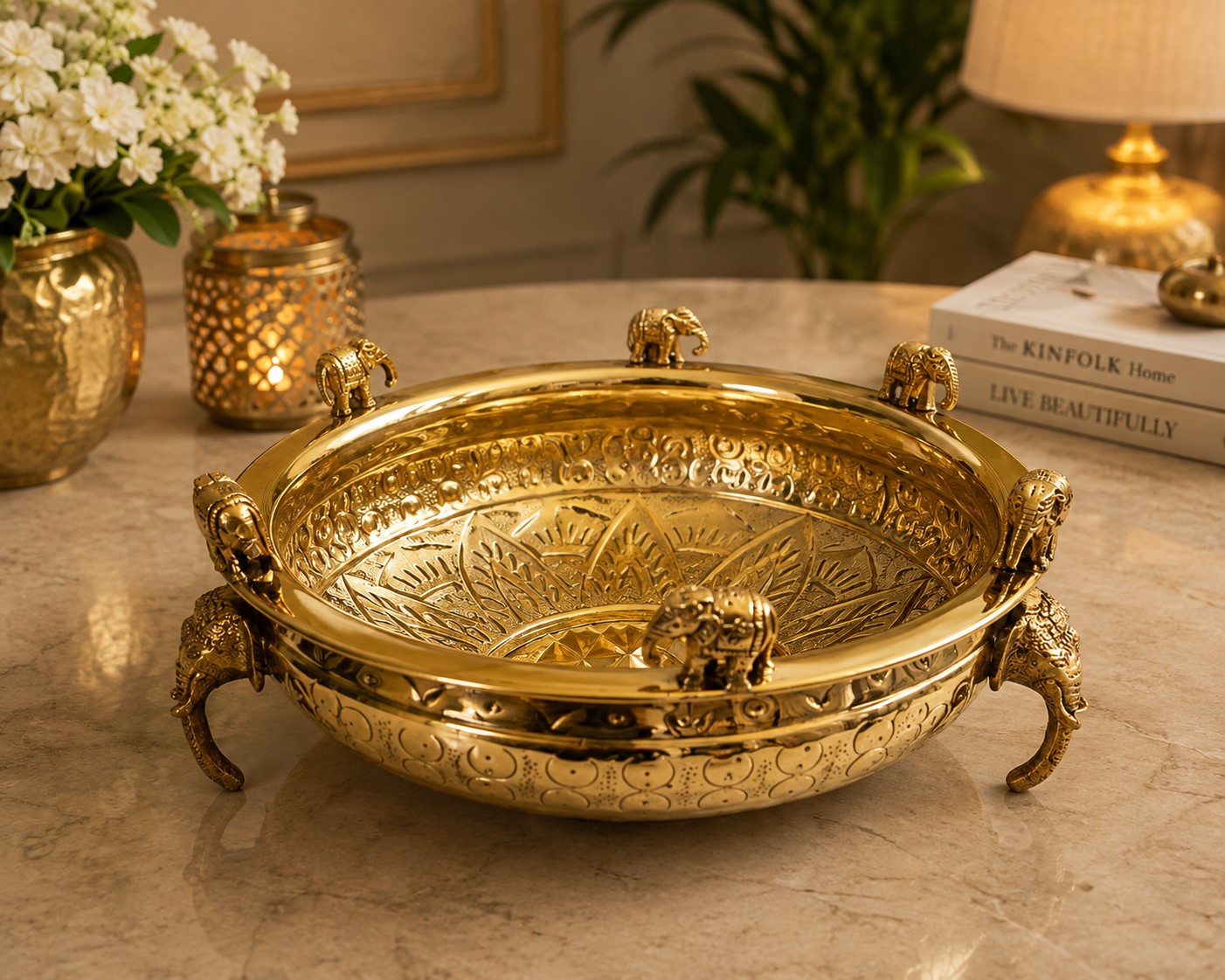 Brass Golden Urli | Decorative Uruli Bowl with Intricate Floral Carving & Elephant Motif