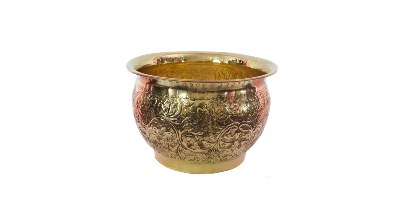 Brass Planter | Decorative Embossed Brass Plant Container | Small Tabletop Flower Pot for Indoor & Outdoor Plants | Traditional Home Décor