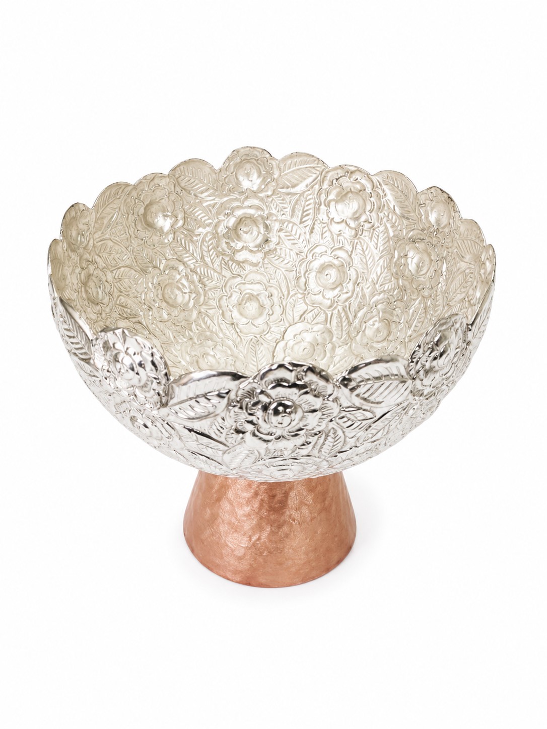 Decorative Silver & Rose Finish Brass Bowl | Embossed Floral Round Fruit Bowl | Handcrafted Centerpiece Bowl for Home Décor - Image 4