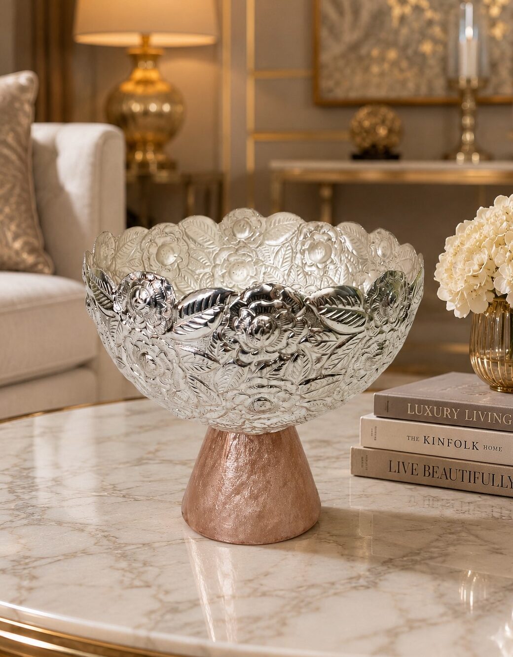 Decorative Silver & Rose Finish Brass Bowl | Embossed Floral Round Fruit Bowl | Handcrafted Centerpiece Bowl for Home Décor