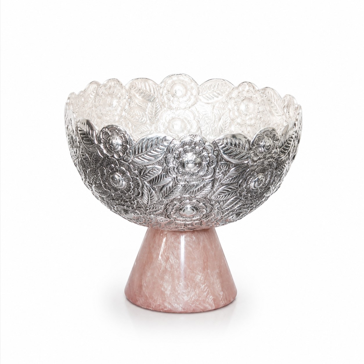 Decorative Silver & Rose Finish Brass Bowl | Embossed Floral Round Fruit Bowl | Handcrafted Centerpiece Bowl for Home Décor - Image 3