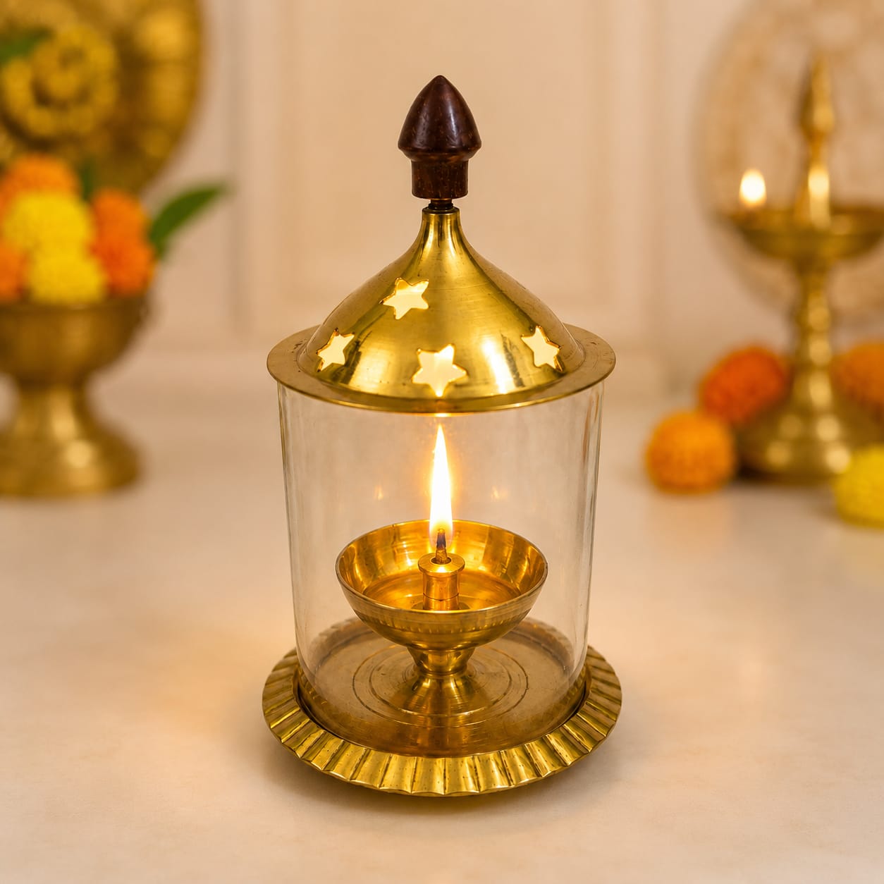 Brass Akhand Diya with Glass Cover & Lid | Traditional Oil Lamp for Temple Pooja, Home Decor, Spiritual Gift