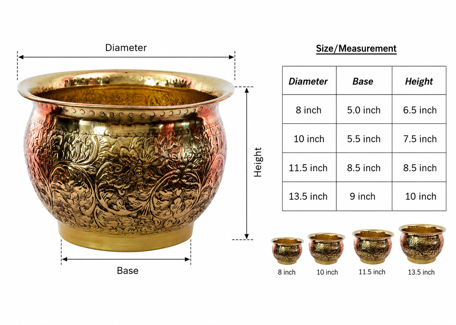Brass Carved Planter | Handcrafted Brass Plant Container | Flower Pot for Indoor & Outdoor Plants | Embossed Floral Design - Image 6