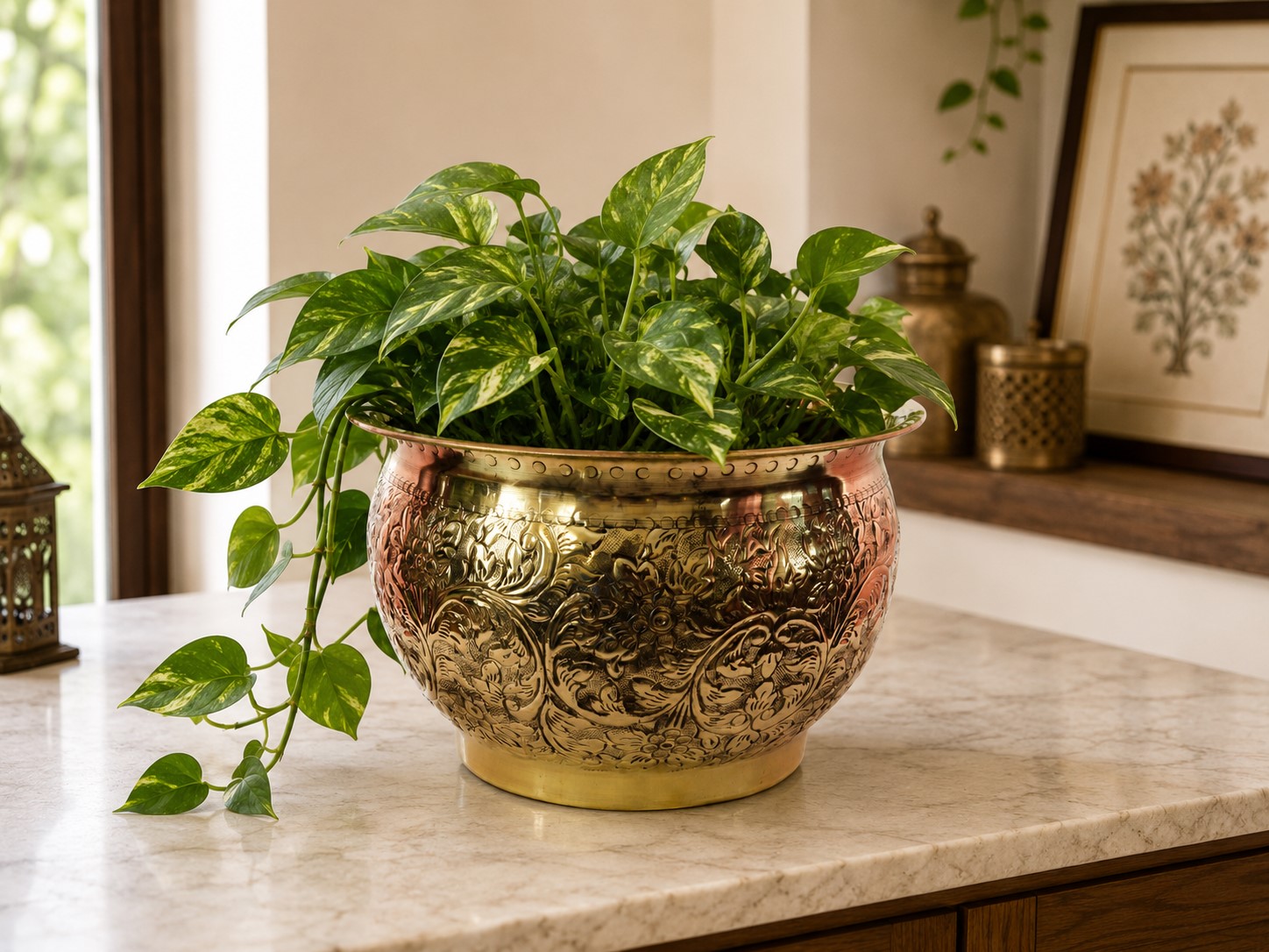 Brass Carved Planter | Handcrafted Brass Plant Container | Flower Pot for Indoor & Outdoor Plants | Embossed Floral Design