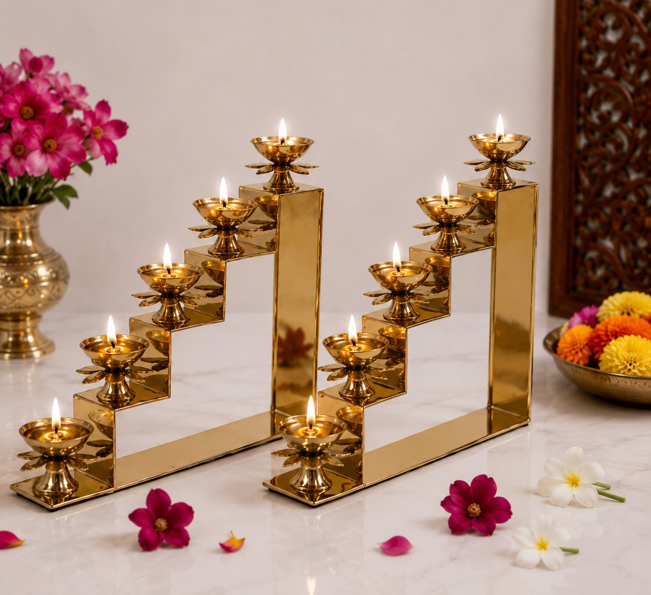 Brass Lotus Step Diya | Brass Oil Lamp & 5 Step Lamp | Traditional Pooja - Home Decor Diya | Set of 2