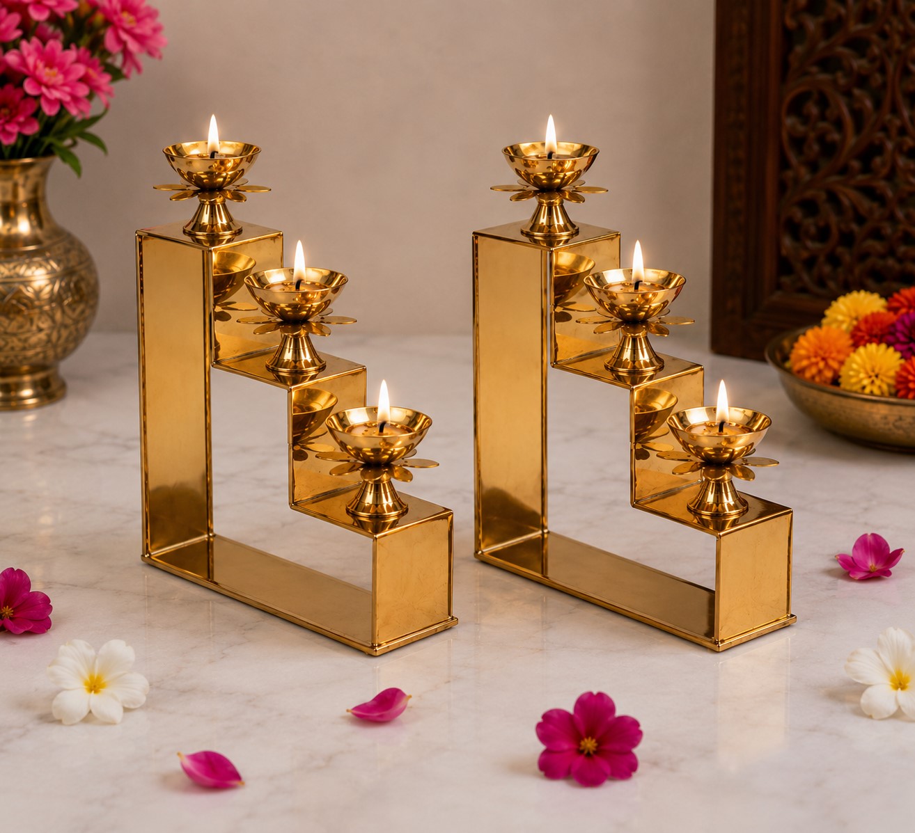 Brass Lotus Step Diya | Brass Oil Lamp & 3 Step Lamp | Traditional Pooja - Home Decor Diya | Set of 2