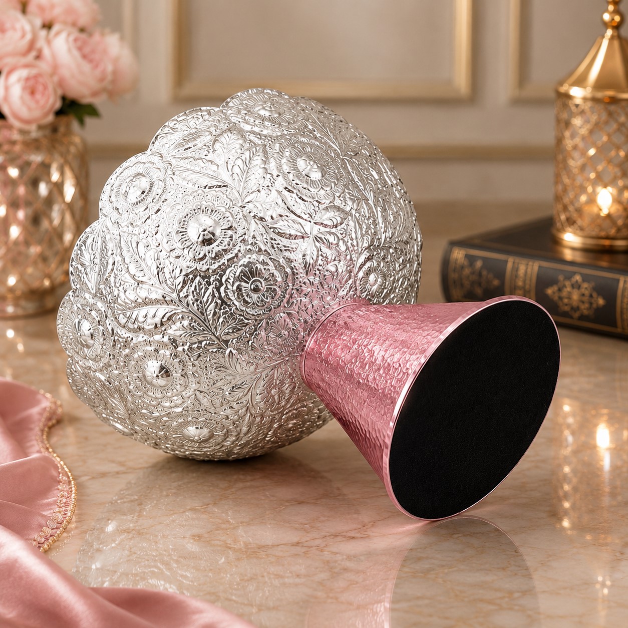 Decorative Silver & Rose Finish Brass Bowl | Embossed Floral Round Fruit Bowl | Handcrafted Centerpiece Bowl for Home Décor - Image 2