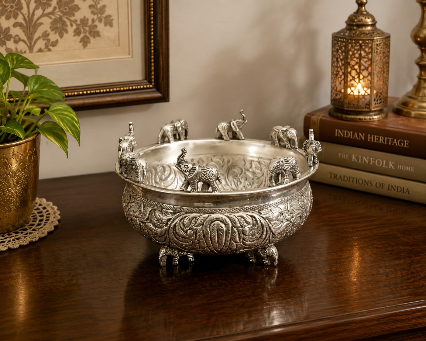 Silver Polished Brass Urli Bowl | Floral Carved Design with Elephant Motif | Decorative Centerpiece Bowl