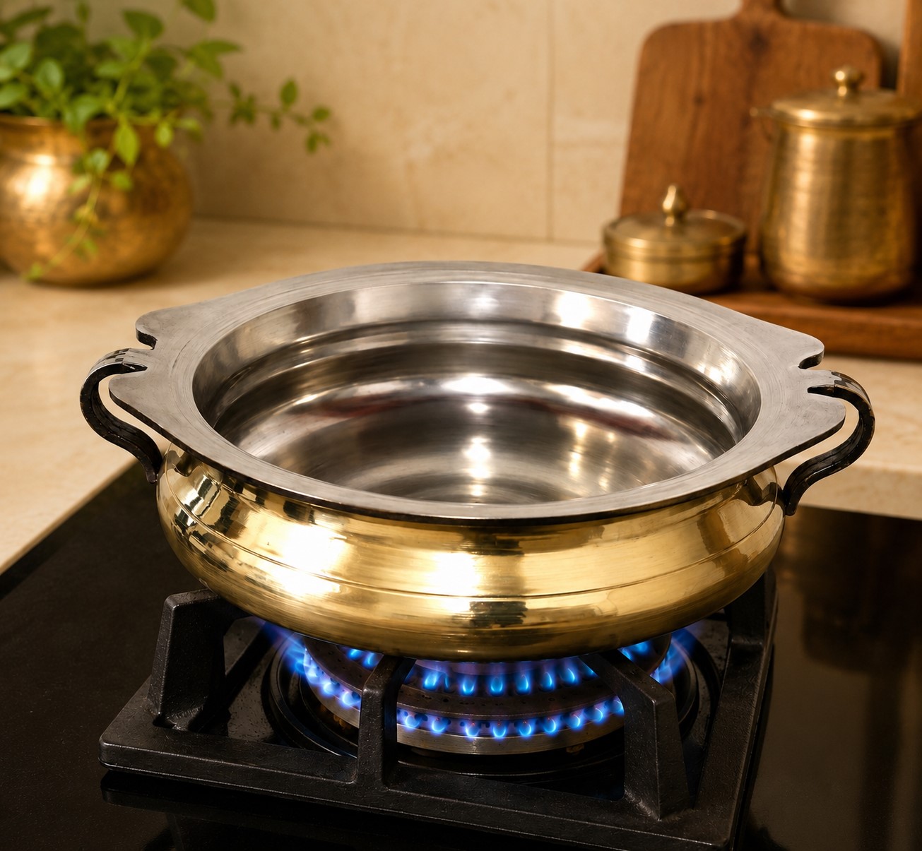 Traditional Indian Brass Urli Cooking Bowl | Handmade Brass Urli Bowl with Tin Lining | Brass Cooking & Serving Bowl with Handles - Image 2