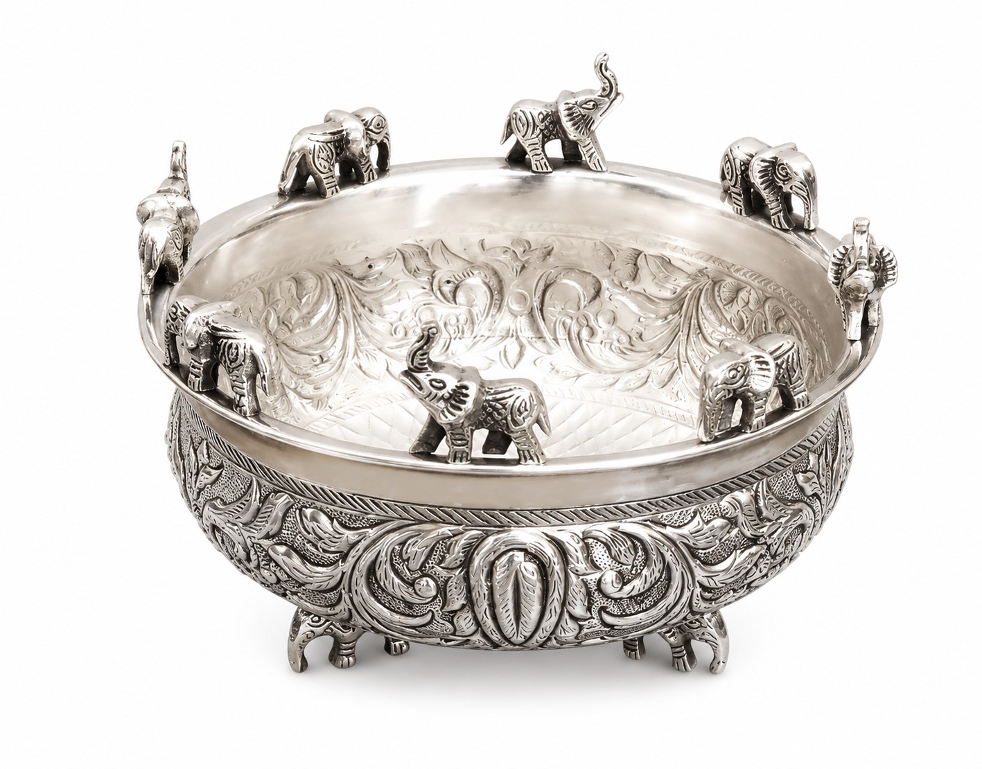 Silver Polished Brass Urli Bowl | Floral Carved Design with Elephant Motif | Decorative Centerpiece Bowl - Image 2