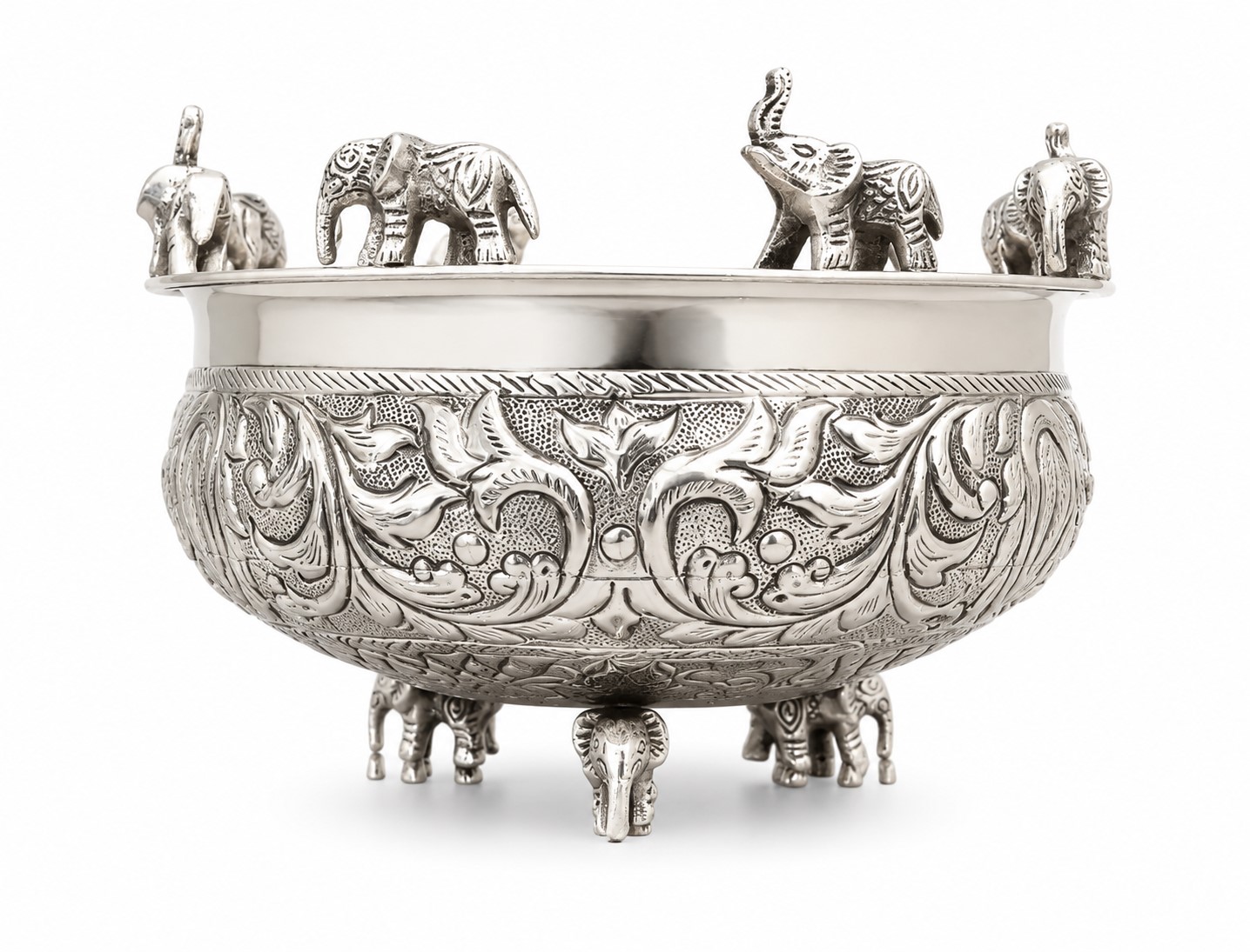 Silver Polished Brass Urli Bowl | Floral Carved Design with Elephant Motif | Decorative Centerpiece Bowl - Image 3