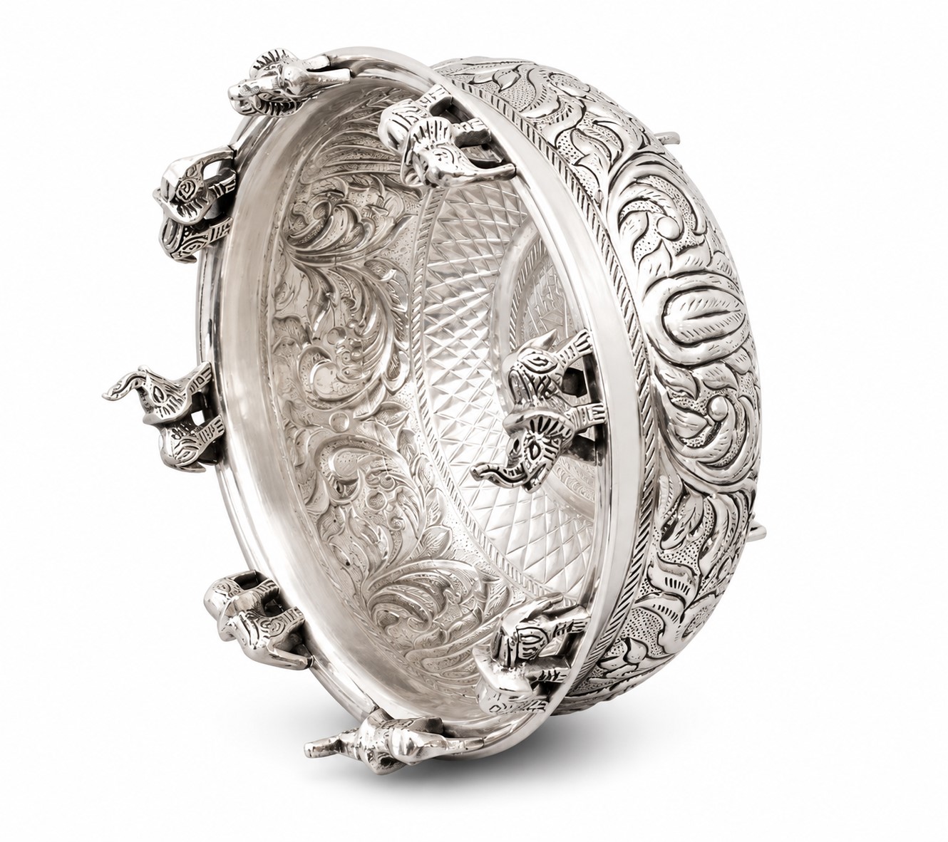Silver Polished Brass Urli Bowl | Floral Carved Design with Elephant Motif | Decorative Centerpiece Bowl - Image 6