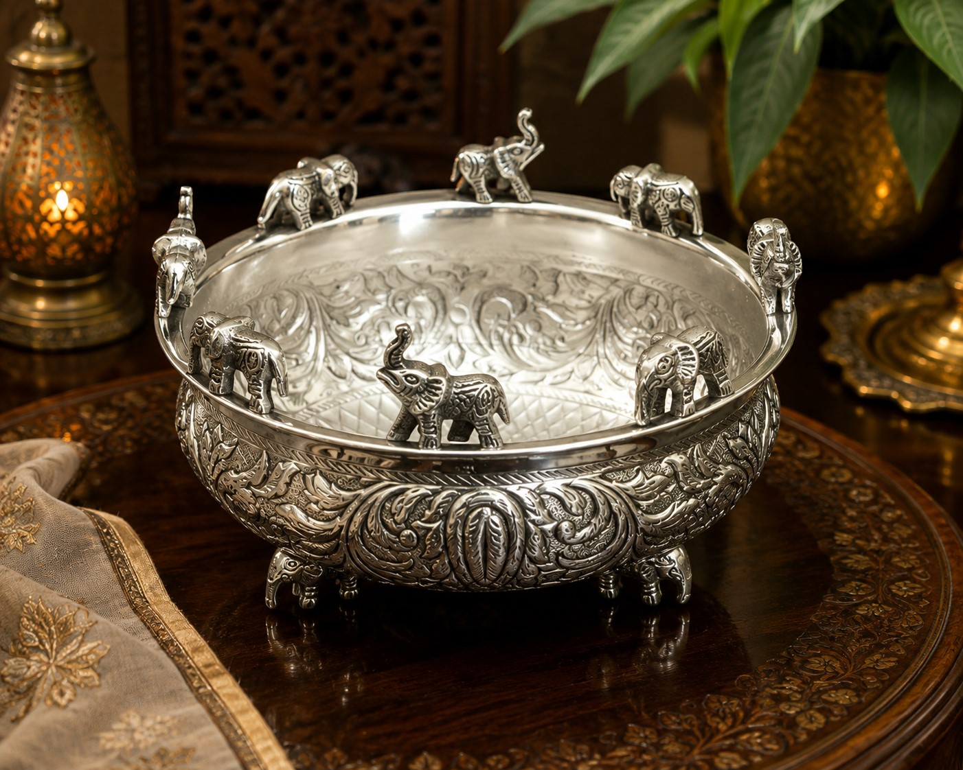 Silver Polished Brass Urli Bowl | Floral Carved Design with Elephant Motif | Decorative Centerpiece Bowl - Image 7