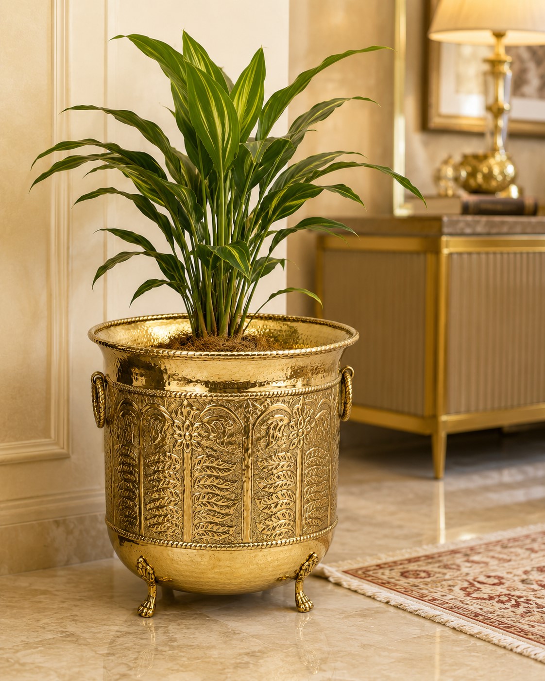 Handcrafted Brass Planter | Large Decorative Plant Container | Floral Carved Brass Plant Pot with Legs & Handles – 18 Inch