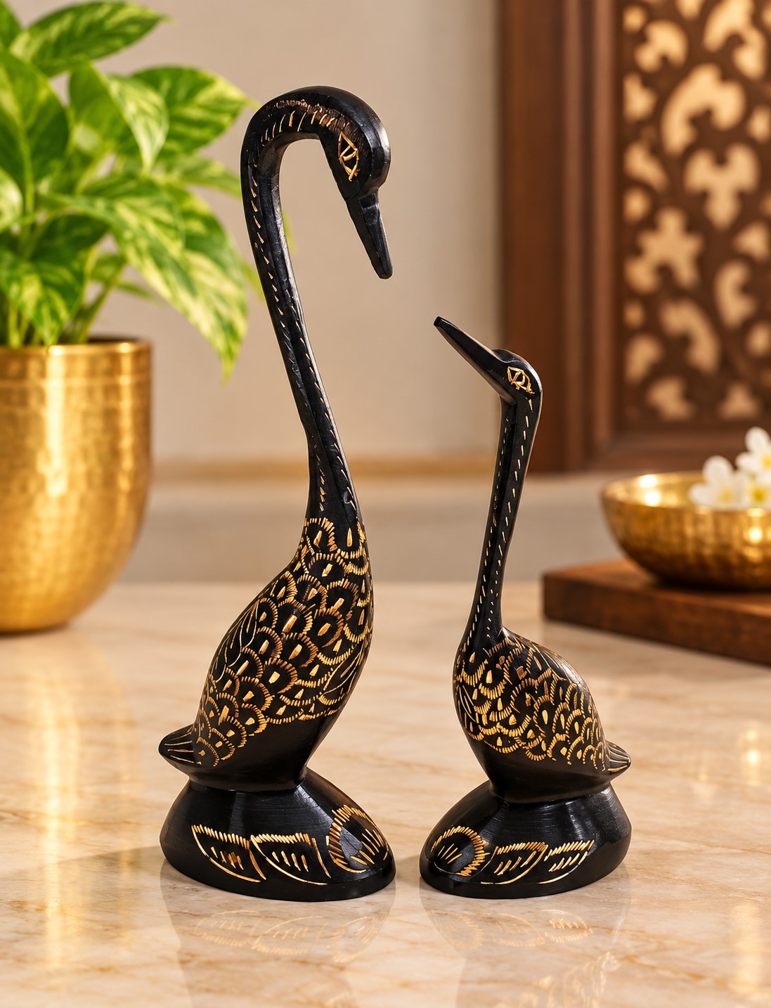 Brass Swan Pair Decorative Showpiece | Handcrafted Metal Swan Figurines | Elegant Tabletop Décor for Living Room, Office & Home Decoration