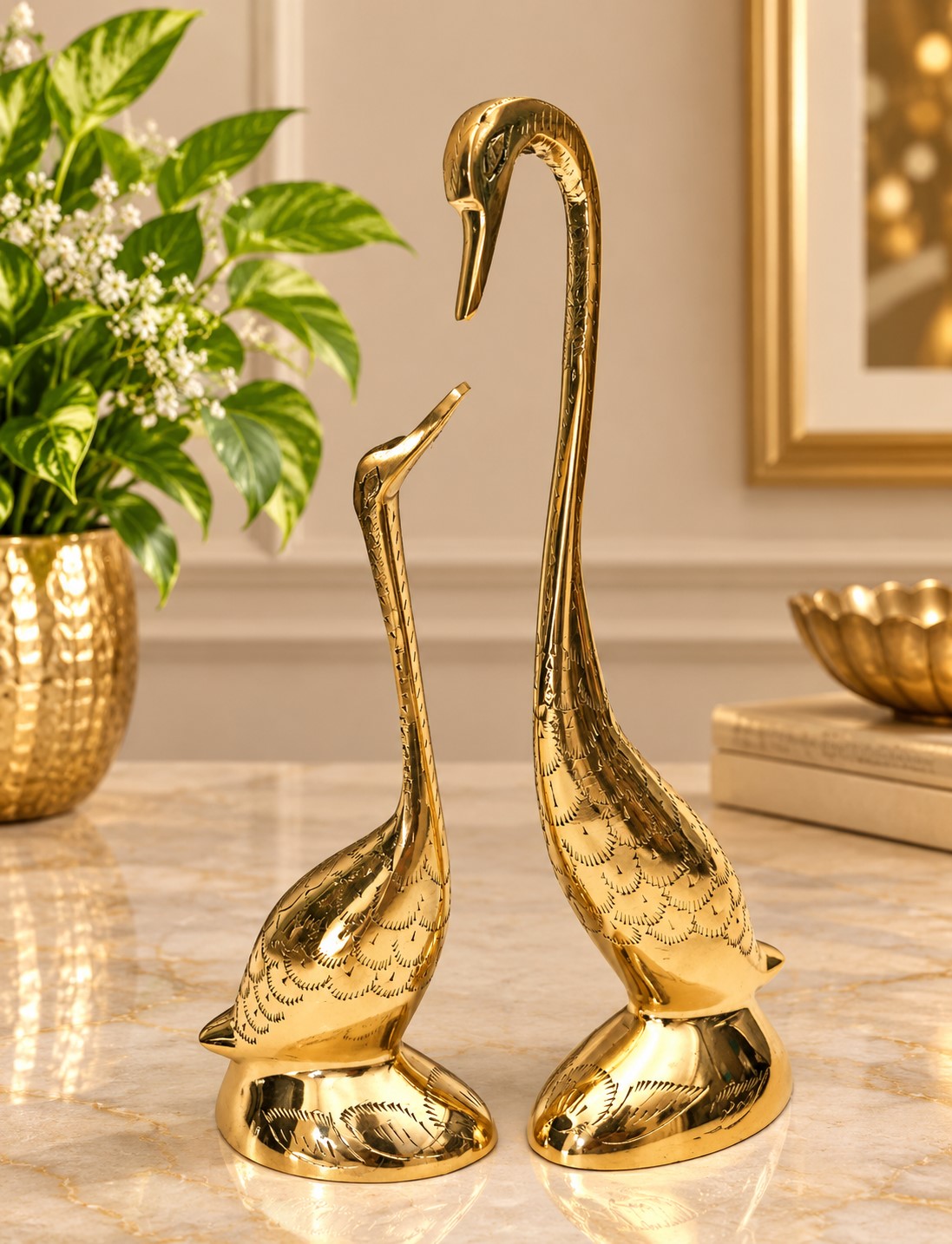Brass Swan Pair Decorative Showpiece | Handcrafted Metal Swan Figurines | Elegant Tabletop Décor for Living Room, Office & Home Decoration