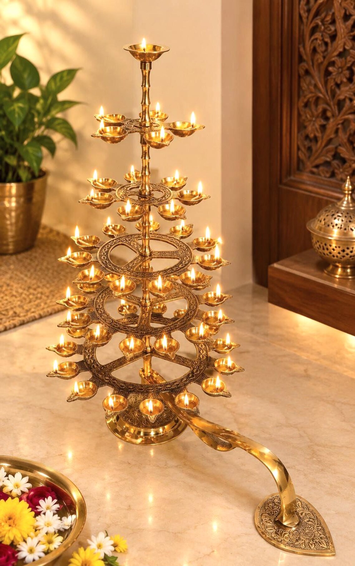 Brass Ganga Aarti Diya | 6-Tier Oil Lamp with 51 Wicks | Pooja & Temple Deepam | Brass Step Lamp for Diwali, Festivals, Home, Temple Arti