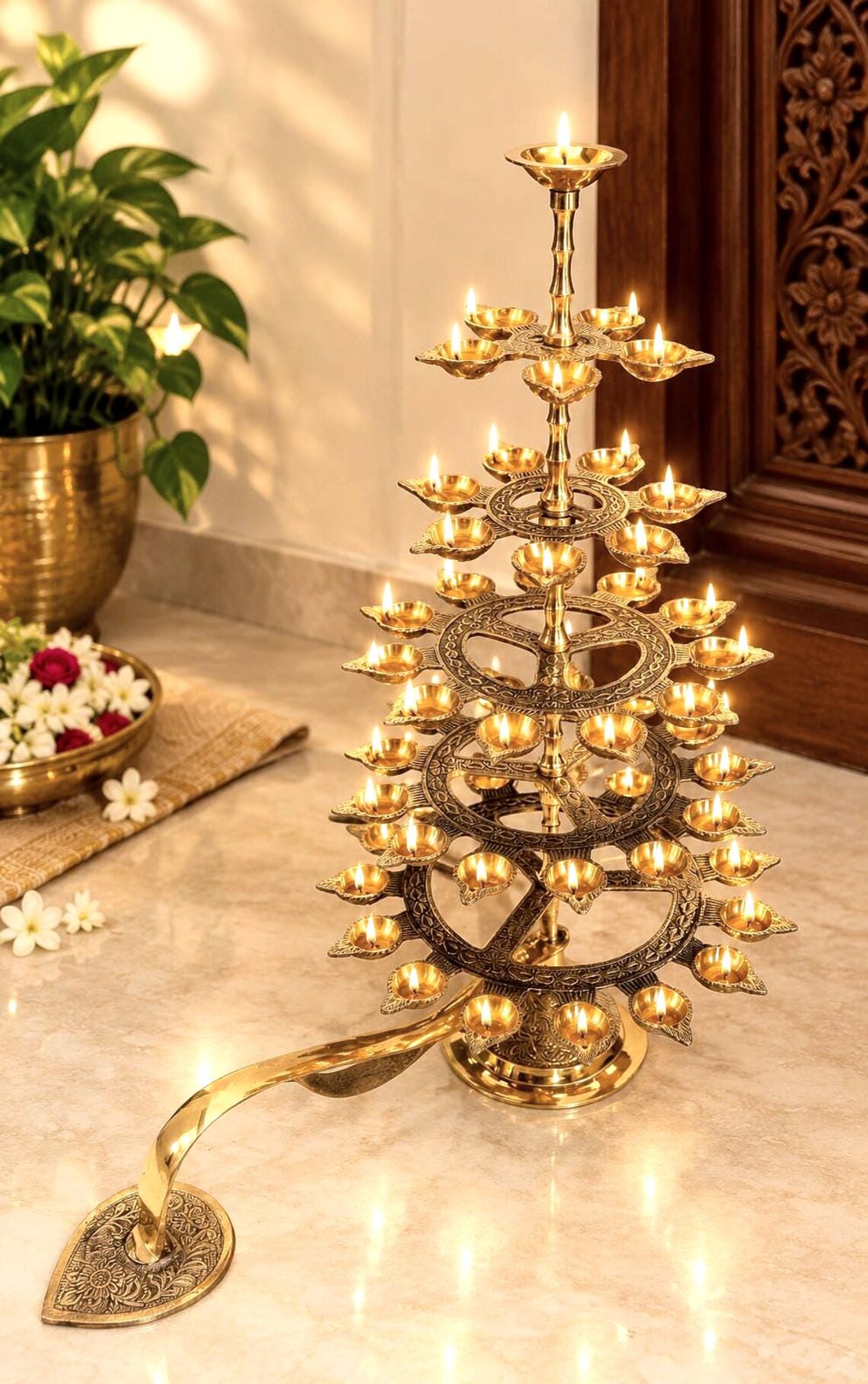 Brass Ganga Aarti Diya | 6-Tier Oil Lamp with 51 Wicks | Pooja & Temple Deepam | Brass Step Lamp for Diwali, Festivals, Home, Temple Arti - Image 6