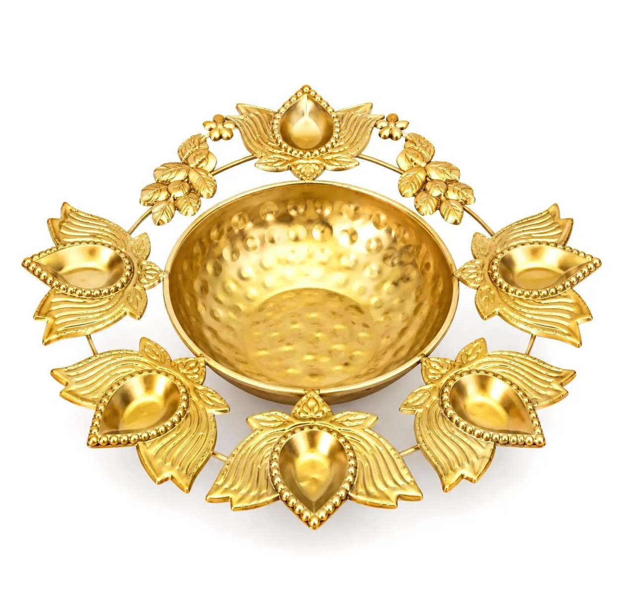 Lotus Shaped Brass Diya Urli Set of 3 | Decorative Oil Lamp with Multiple Diyas | Traditional Indian Pooja Decor & Festive Home Decoration - Image 2