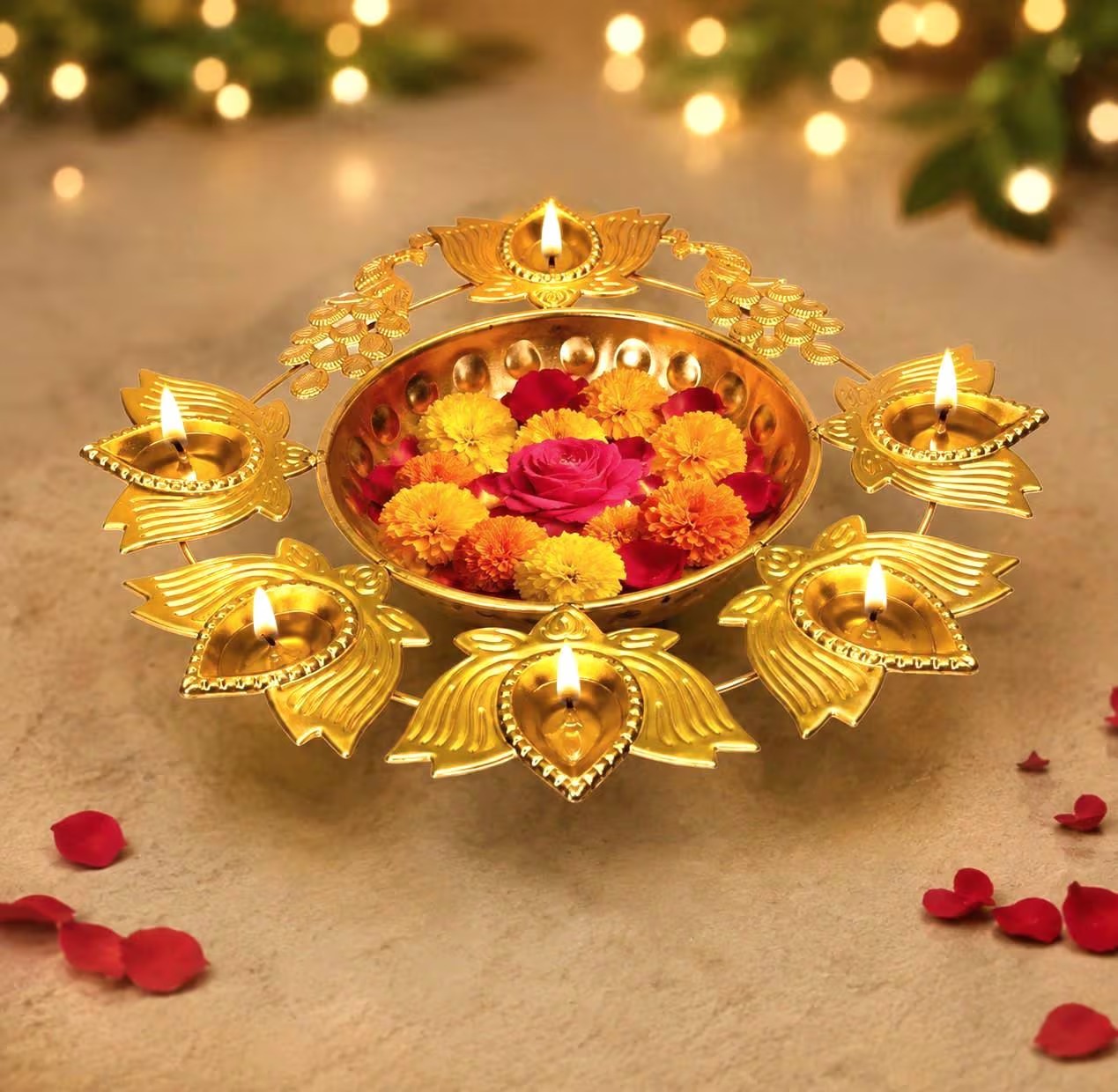 Lotus Shaped Brass Diya Urli Set of 3 | Decorative Oil Lamp with Multiple Diyas | Traditional Indian Pooja Decor & Festive Home Decoration - Image 3
