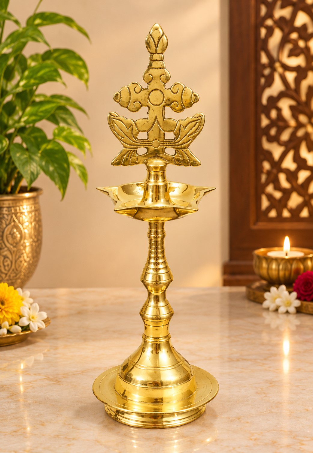 Handcrafted Brass Sleeba Cross Oil Lamp with 5 Wicks (12-Inch) - Image 3