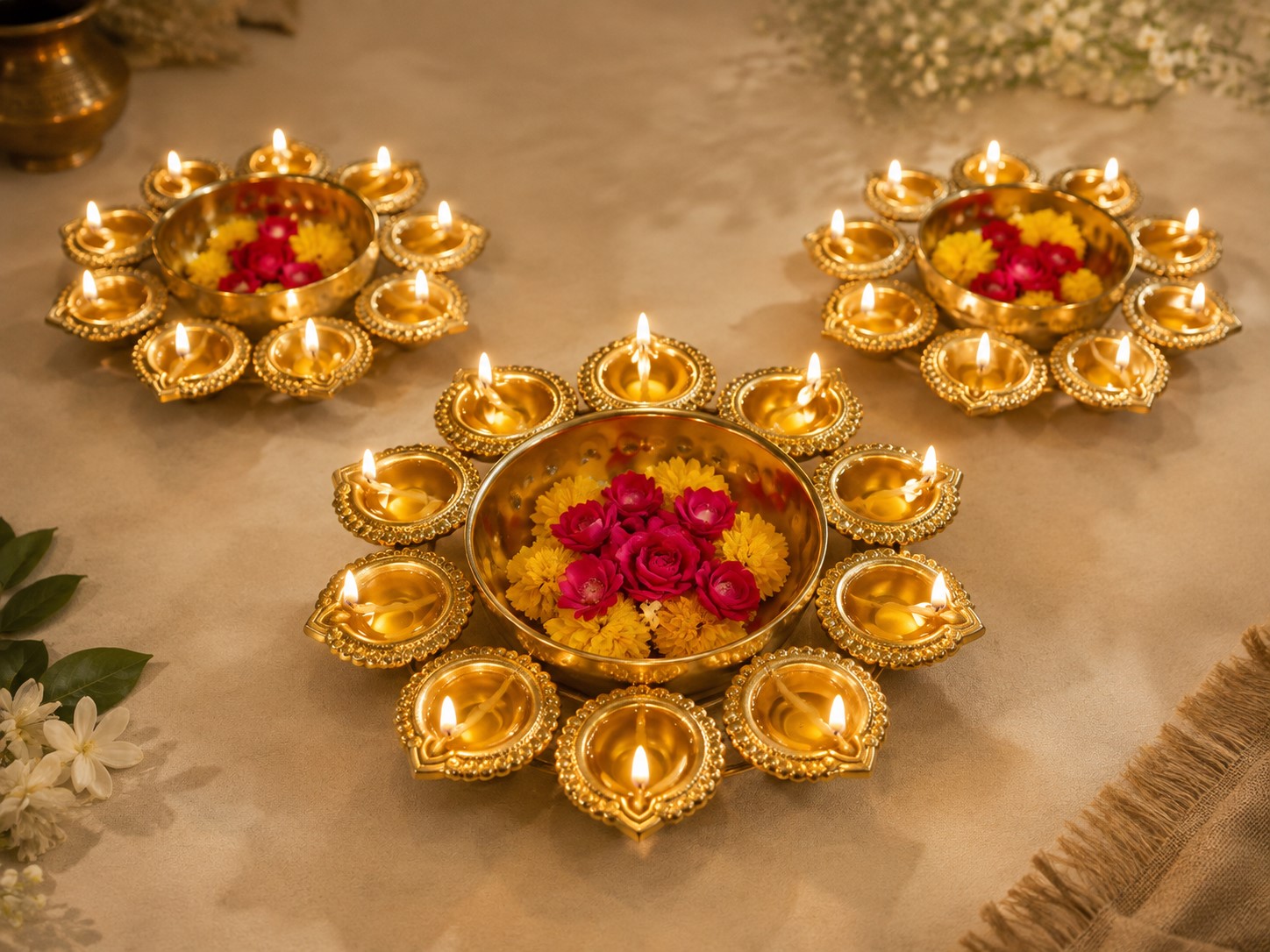 Round Design Brass Diya Urli Set of 3 | Decorative Oil Lamp with Multiple Diyas | Traditional Indian Pooja Decor & Festive Home Decoration