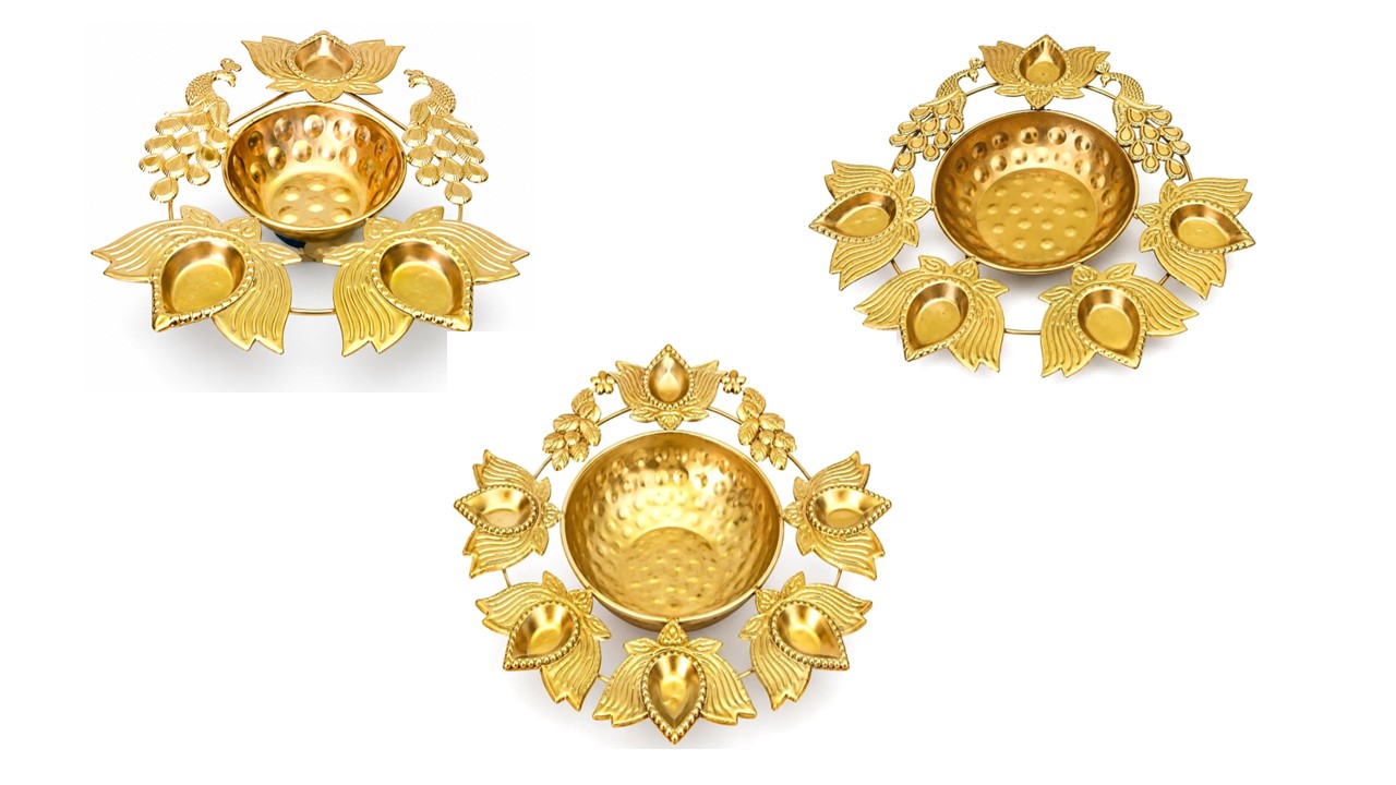 Lotus Shaped Brass Diya Urli Set of 3 | Decorative Oil Lamp with Multiple Diyas | Traditional Indian Pooja Decor & Festive Home Decoration - Image 4