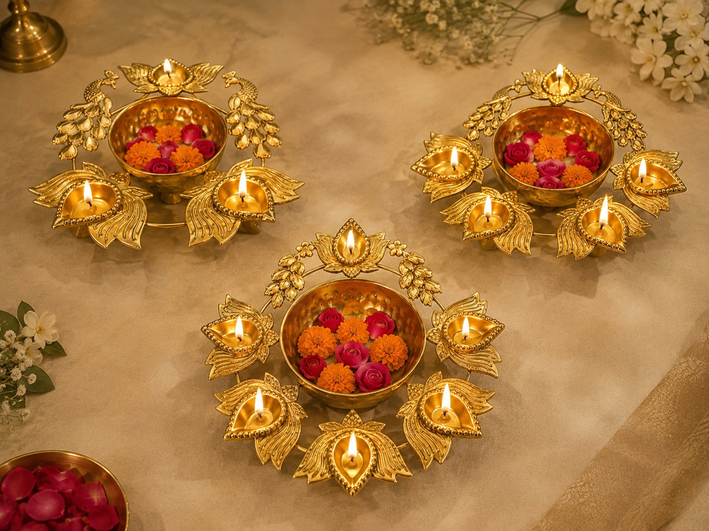 Lotus Shaped Brass Diya Urli Set of 3 | Decorative Oil Lamp with Multiple Diyas | Traditional Indian Pooja Decor & Festive Home Decoration