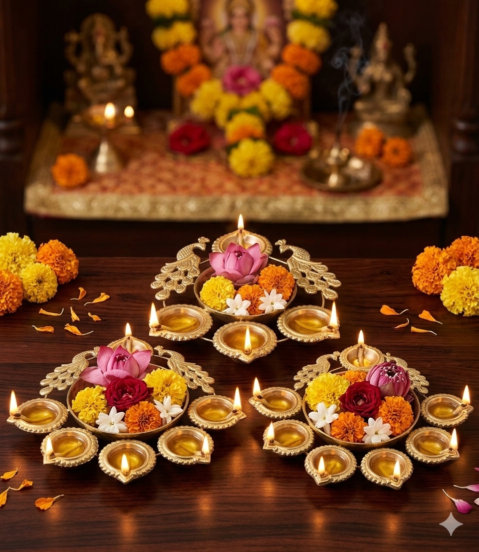 Peacock Design Brass Diya Urli Set of 3 | Decorative Oil Lamp with Multiple Diyas | Traditional Indian Pooja Decor & Festive Home Decoration